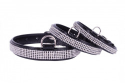 COLLAR Lesklý kožený obojok s kryštálmi, 30-39cm, čierna