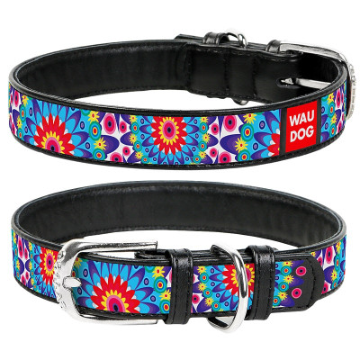 WAU DOG Kožený obojok Flowers, 27-36 cm, čierna