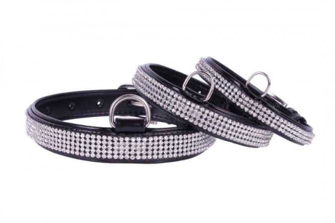 detail COLLAR Lesklý kožený obojok s kryštálmi, 30-39cm, čierna