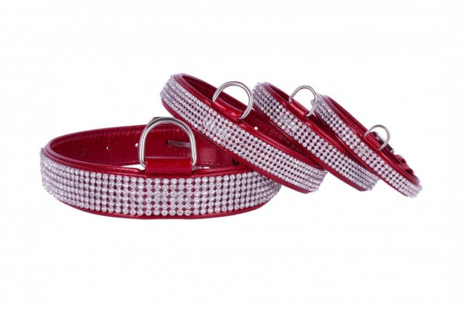 detail COLLAR Lesklý kožený obojok s kryštálmi, 27-36cm/15mm, červená