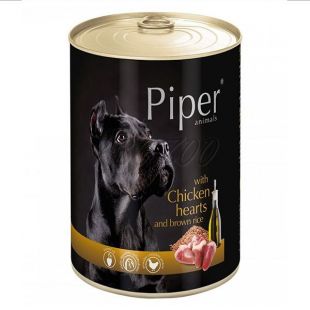 detail PIPER konzerva pre psov kuracie srdiečka s hnedou ryžou, 800 g